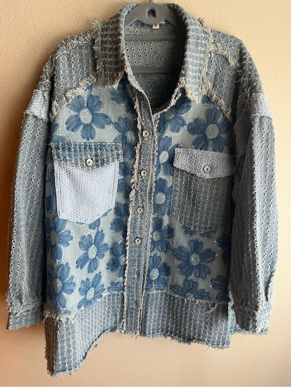 POL Blue Floral Patchwork Denim Jacket - Women